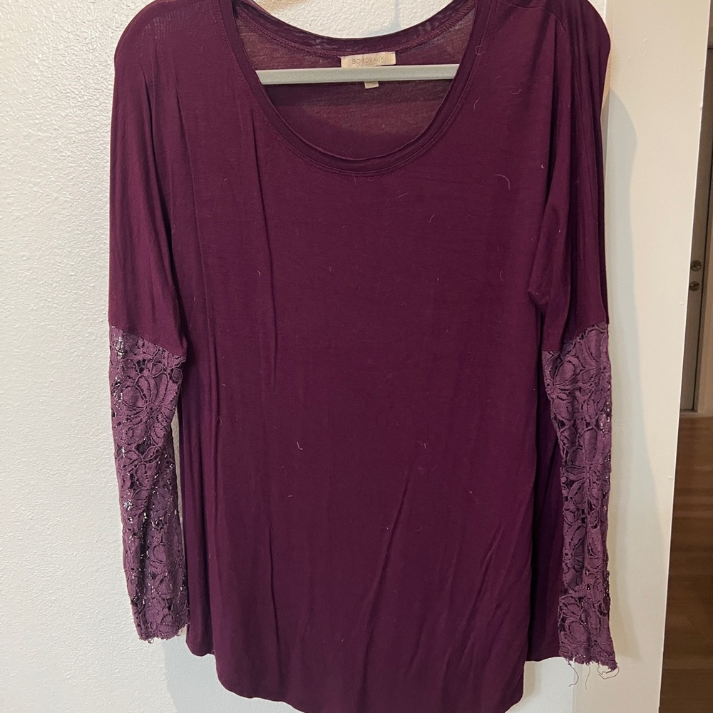 Anthropologie Deep Purple Long Sleeve Top with Lace